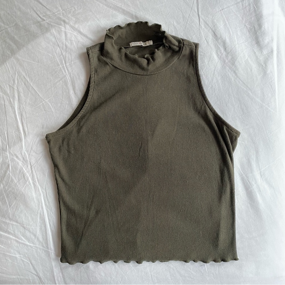 Olive green ribbed mock neck sleeveless stretch knit crop tank top lettuce edge